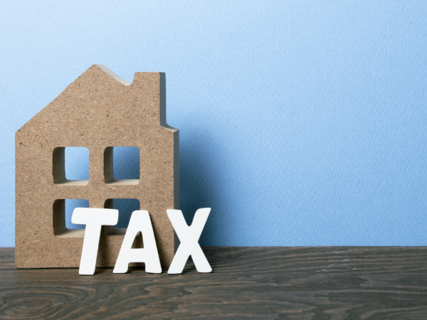 A large wooden house with the wooden letters spelling out the word 'TAX' stood outside