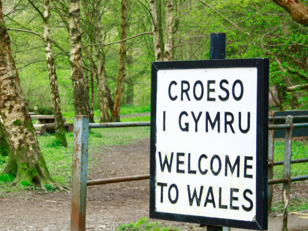 a white sign surrounded by greenery, the sign reads in black text 'CROESO I GYMRU, WELCOME TO WALES' 