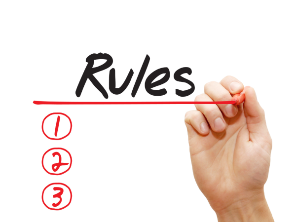 the word 'RULES' in black underlined in red ink with points numbered points 1,2, and 3 below.