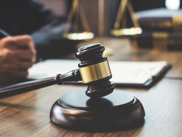 Two people sat with a document between them at a wooden table with a hammer and gavel