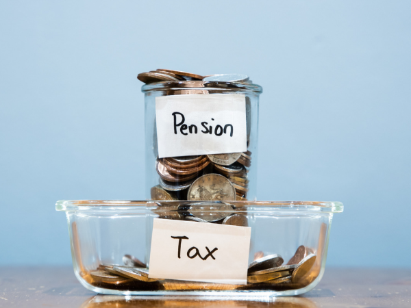 Jar of coins labelled ‘Pension’ above a container of coins labelled ‘Tax’.