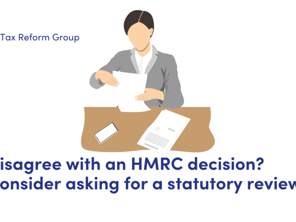 News - Disagree with an HMRC decision? Consider asking for a statutory review. Illustration of a person reading a document, whilst sat at a desk.
