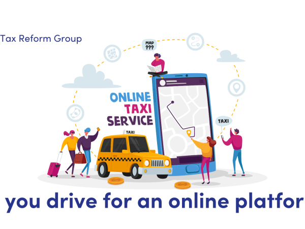 News: do you drive for an online platform? image of a yellow taxi, a banner above stating "online taxi service" a mobile phone showing a route map, people with luggage and coins scattered around the picture.  