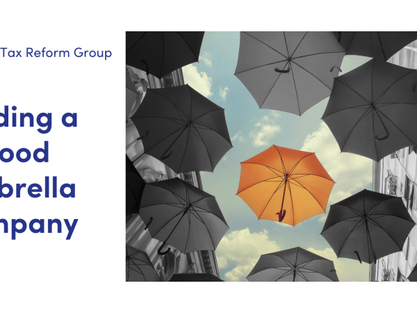 NEWS: Finding a good umbrella company. image of a blue sky with fluffy white clouds, numerous black and grey umberella's floating in the sky with one orange umberella. 