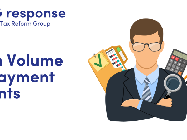 LITRG response: High Volume Repayment Agents. Illustration of a man with arms crossed, with a calculator and a clipboard.