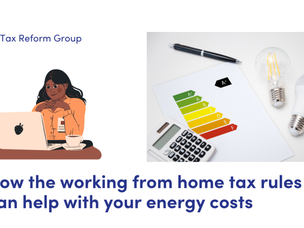News: How the working from home tax rules can help with your energy costs. Illustration of a woman sitting at a desk, using a laptop, and pictures of light-bulbs, a pen and a calculator.