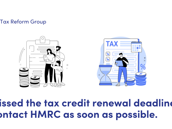 Two graphics - woman, man and child writing on a clipboard and a man writing on a tax form. Missed the tax credit renewal deadline? Contact HMRC as soon as possible. 