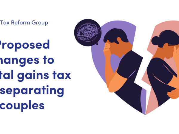 NEWS: Proposed changes to capital gains tax for separating couples. image of a broken heart with a male in one half and a female in the other half both with their head in their hands and a speech bubble above both showing messy/muddled thoughts. 