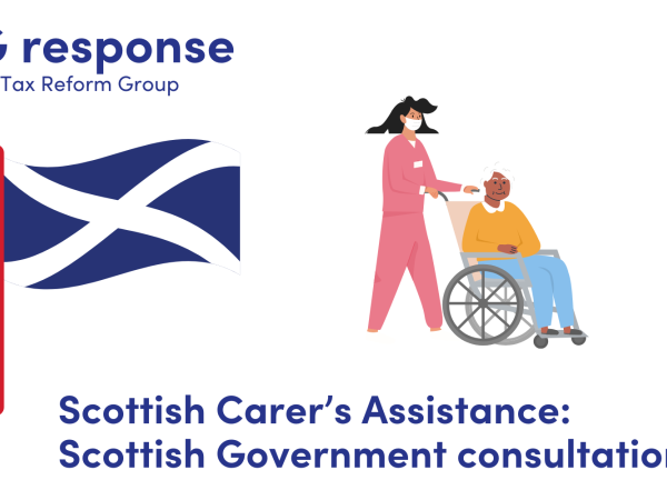 LITRG response - Scottish Carer's Assistance: Scottish Government consultation. Illustration of a Scottish flag and a woman pushing someone in a wheelchair.
