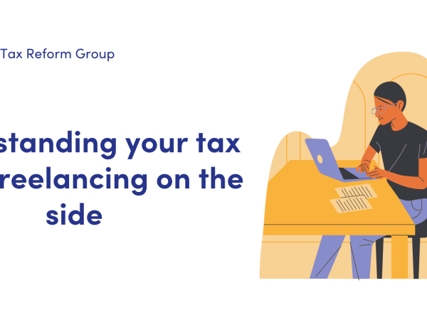 News: Understanding your tax when freelancing on the side. Illustration of a man sitting at a desk, working on a laptop.