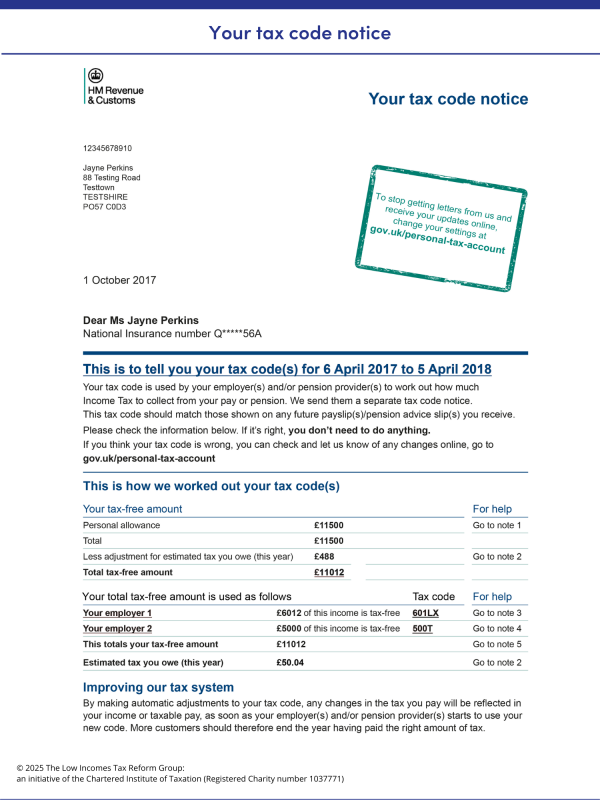 An example showing what an HMRC Pay As You Earn coding notice, known as the P2, looks like.