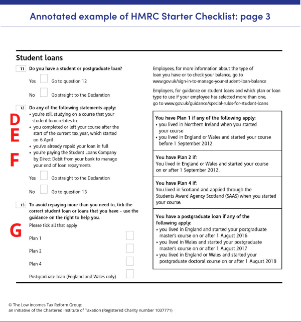 Annotated example of HMRC starter checklist – page 3, showing questions 11 to 13, which are the boxes to complete if you have a student or postgraduate loan. 