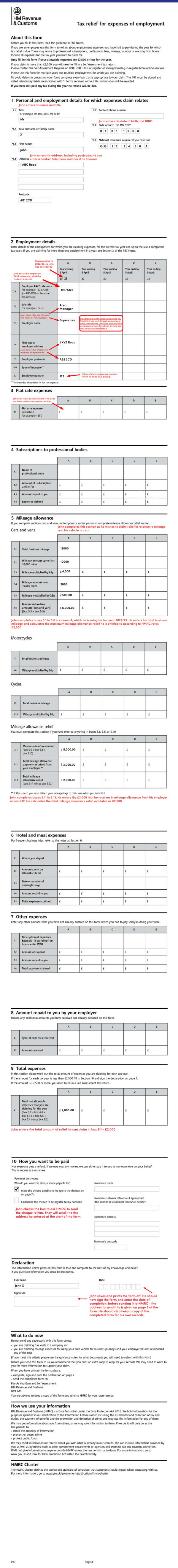 Example of an HM Revenue and Customs Form P87 (Tax relief for expenses of employment). Markup on the form explains how the form should be completed in a fictional example of ‘John’. 