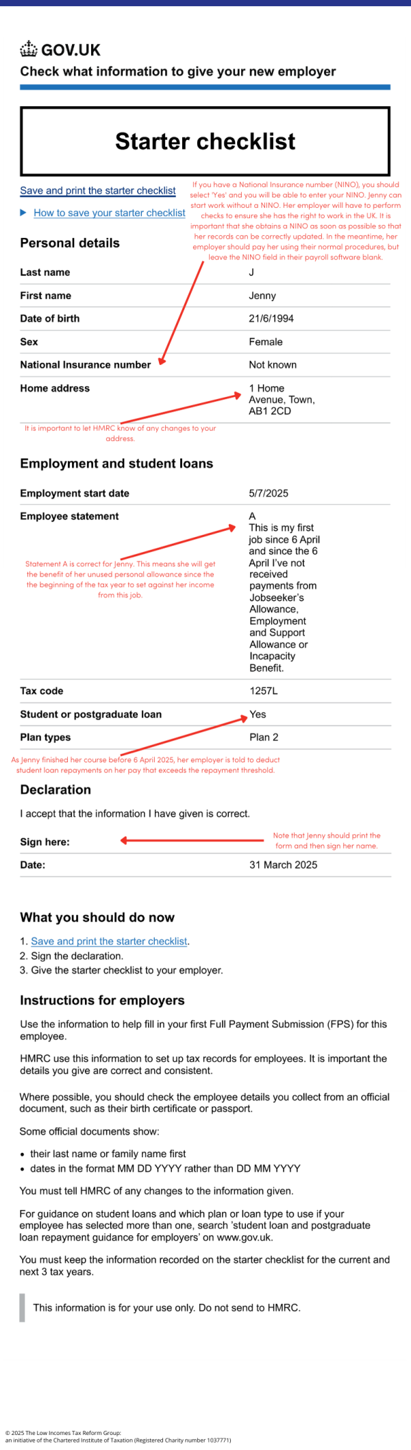 Example of a starter checklist and explanation how it should be completed in the example situation of ‘Jenny’. 