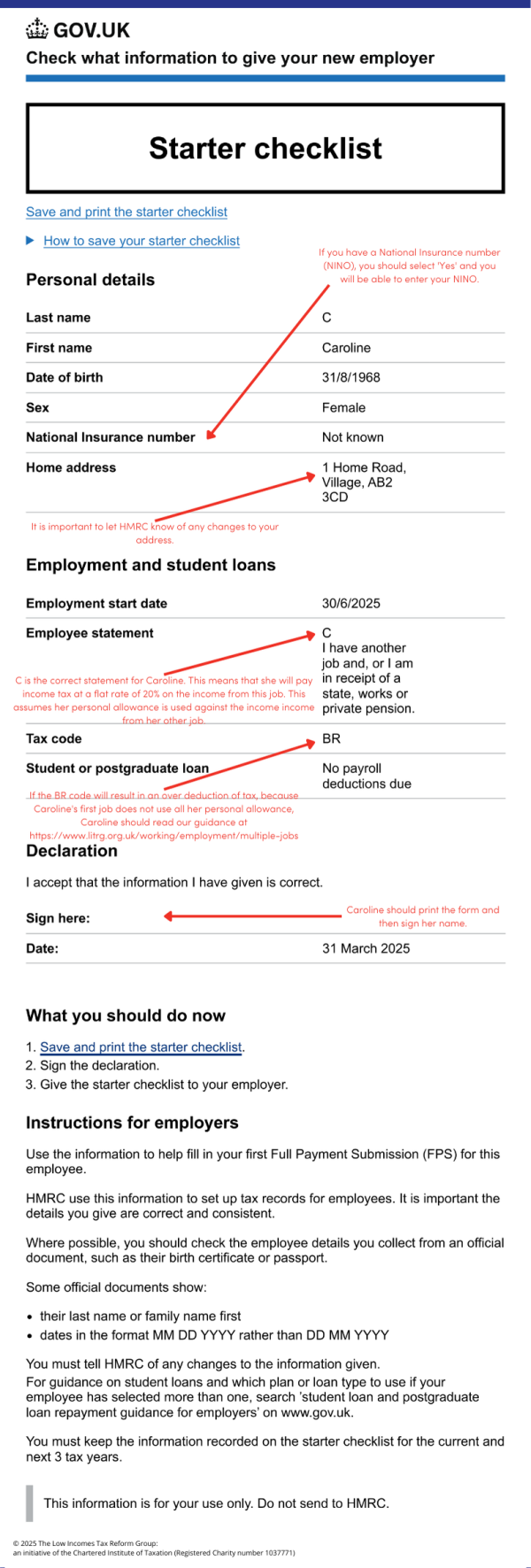 Example of a starter checklist and explanation how it should be completed in the example situation of ‘Caroline’. 