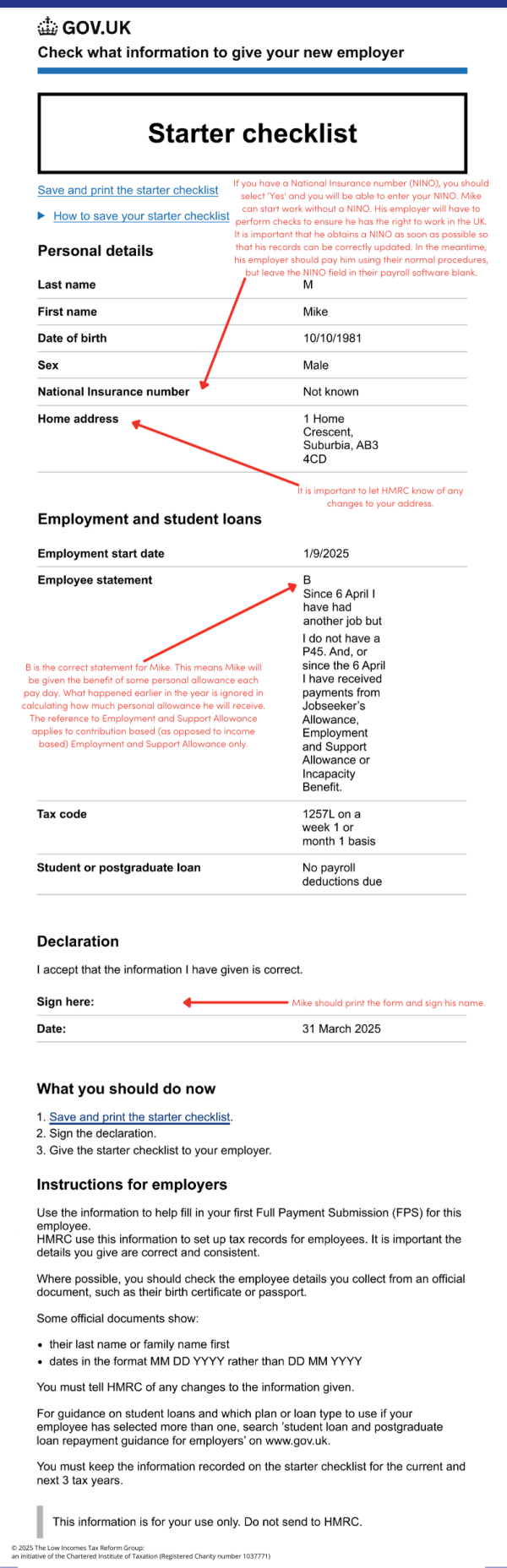 Example of a starter checklist and explanation how it should be completed in the example situation of ‘Mike’. 