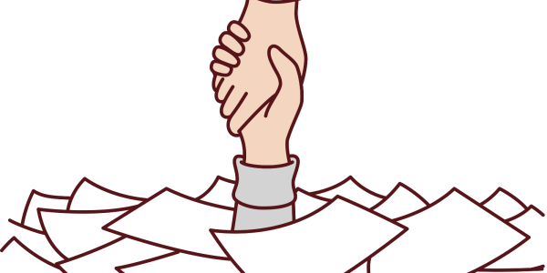 person buried under a stack of papers with just a hand sticking out, another hand pulling the buried person free. person buried under a stack of papers with just a hand sticking out, another hand pulling the buried person free.