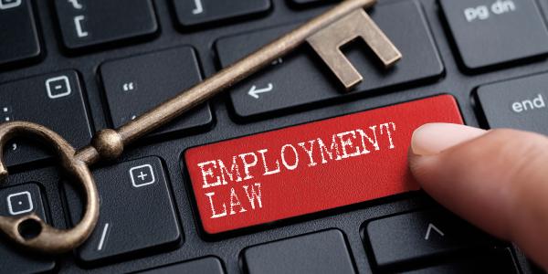 a keyboard with a red key saying 'EMPLOYMENT LAW' next to this is a brass coloured key.