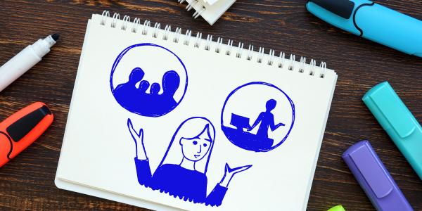 a drawing of an employee with 2 further drawings above showing options of being at home with family or staying employed at work a drawing of an employee with 2 further drawings above showing options of being at home with family or staying employed at work