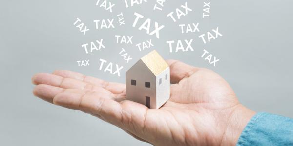 a person holding a small wooden house in the palm of their hand with the word 'TAX' surrounding it.