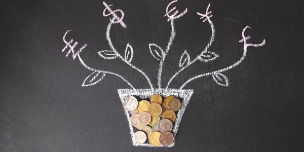 a flower pot and flowers drawn on a chalkboard with stems growing from it, the flower bud is each a different currency. within the money pot is a pile of coins from various different countries