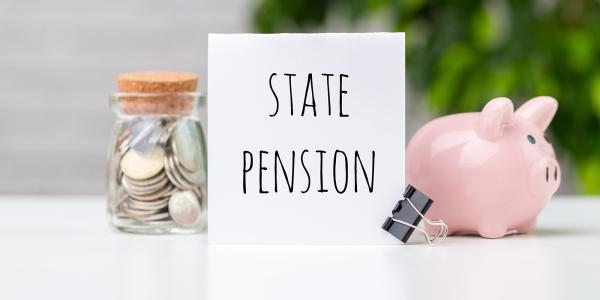 a piggy bank, a jar of coins and a piece of paper with the words 'STATE PENSION' written on it. 