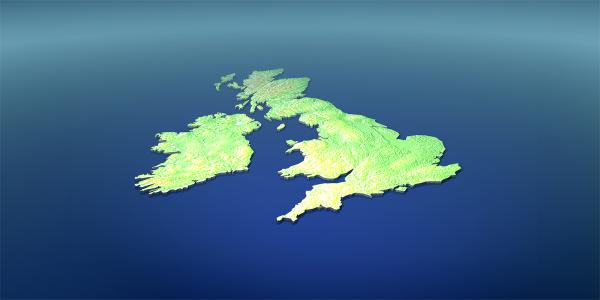 green image on a blue background of England, Ireland, Scotland and Wales. 
