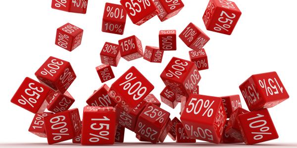 Various red blocks falling, each block has a different percentage on it, for example 60%, 20%, 15%. Various red blocks falling, each block has a different percentage on it, for example 60%, 20%, 15%.