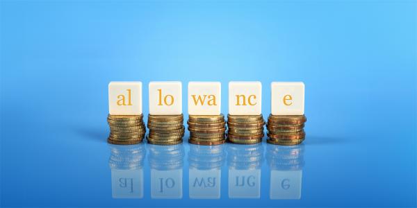 stacks of coins with wooden blocks on top, each block has letters written on them spelling out 'ALLOWANCE' 