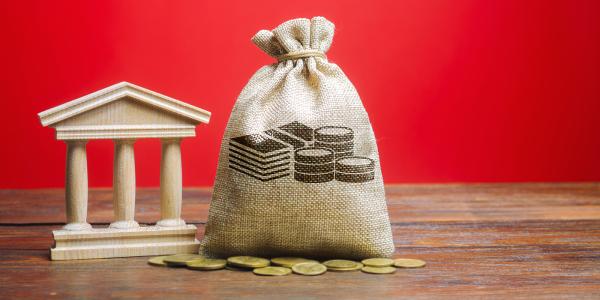 a red background and wooden table, a brown sack with an image of money drawn on the front sits next to a wooden figure of a state building, in front of this a scattering of coins can be seen.