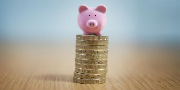 a small pile of old pound coins with a tiny pink pig sat on top. 