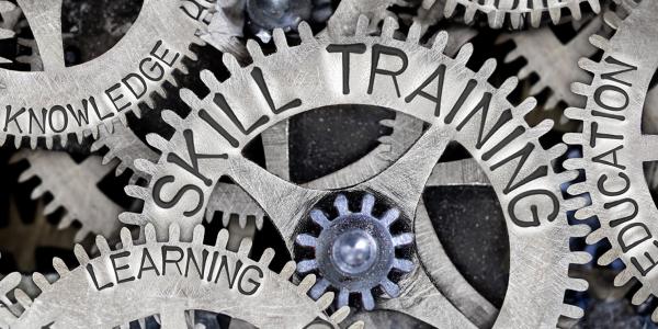 a number of cogs, with different words engraved on them, such as 'SKILL TRAINING', 'LEARNIN'G', 'EDUCATION', KNOWLEDGE' a number of cogs, with different words engraved on them, such as 'SKILL TRAINING', 'LEARNIN'G', 'EDUCATION', KNOWLEDGE'