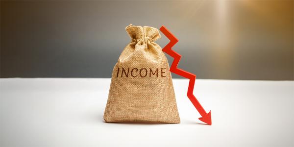 a brown sack with the word 'INCOME' on the front, propped next to the sack is a crooked red arrow pointing downwards