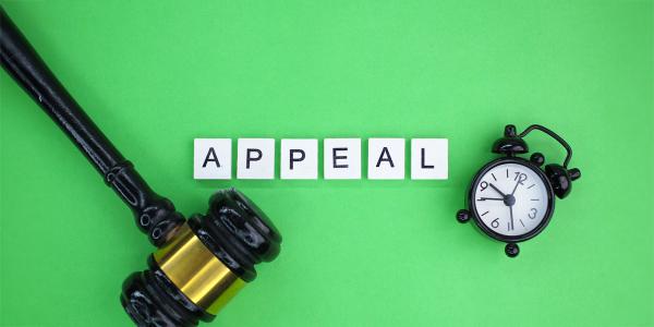 Green background with scrabble tiles spelling out the word 'APPEAL' next to this is a wooden gavel and a small clock.