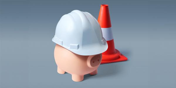 a pig wearing a white construction hat stood near a traffic cone a pig wearing a white construction hat stood near a traffic cone