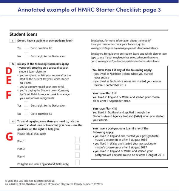 Annotated example of HMRC starter checklist – page 3, showing questions 11 to 13, which are the boxes to complete if you have a student or postgraduate loan. Annotated example of HMRC starter checklist – page 3, showing questions 11 to 13, which are the boxes to complete if you have a student or postgraduate loan.