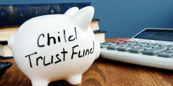 white piggy bank with the words 'CHILD TRUST FUND' written in black ink. white piggy bank with the words 'CHILD TRUST FUND' written in black ink.