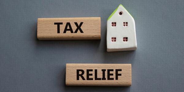 wooden blocks spelling out 'TAX RELIEF' and a figure of a house wooden blocks spelling out 'TAX RELIEF' and a figure of a house