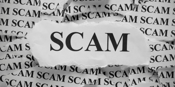 pieces of white paper with the word 'SCAM' typed on it in black text, on larger piece of white paper with the word 'SCAM' in the middle pieces of white paper with the word 'SCAM' typed on it in black text, on larger piece of white paper with the word 'SCAM' in the middle