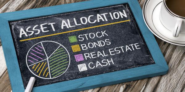 A chalkboard with the title 'ASSET ALLOCATION' underneath this is a pie chart and key with the categories of 'STOCK, BONDS, REAL ESTATE, and Cash'. A chalkboard with the title 'ASSET ALLOCATION' underneath this is a pie chart and key with the categories of 'STOCK, BONDS, REAL ESTATE, and Cash'.