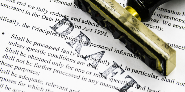 A typed page of legislation with a stamp of the word 'DRAFT' stamped onto it. 