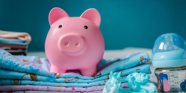 A pink piggy bank surrounded by children's items. A pink piggy bank surrounded by children's items.