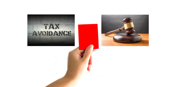 The words 'TAX AVOIDANCE', a person holding up a red card and a hammer and gavel. The words 'TAX AVOIDANCE', a person holding up a red card and a hammer and gavel.