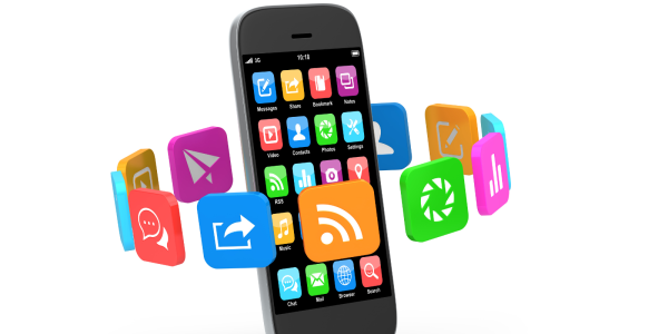 A phone full of apps with more apps circling the phone. A phone full of apps with more apps circling the phone.