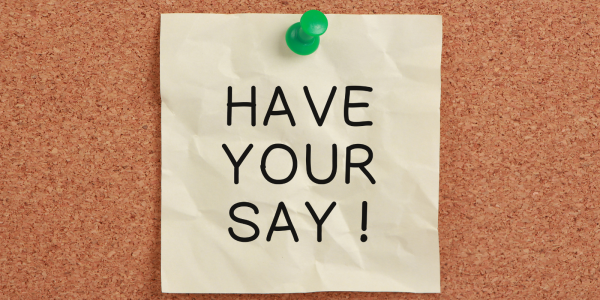 Pin board with a piece of paper attached by a green pin, on the paper the words 'HAVE YOUR SAY!' can be seen in black text. Pin board with a piece of paper attached by a green pin, on the paper the words 'HAVE YOUR SAY!' can be seen in black text.