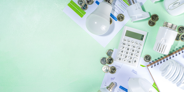 various letters, stationary, coins and lightbulbs scattered on a pale green background. various letters, stationary, coins and lightbulbs scattered on a pale green background.