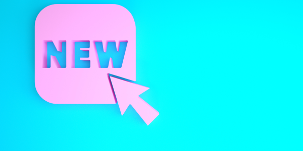 a pink mouse cursor hovering over a pink icon with the word 'NEW' on it, against a blue background. a pink mouse cursor hovering over a pink icon with the word 'NEW' on it, against a blue background.