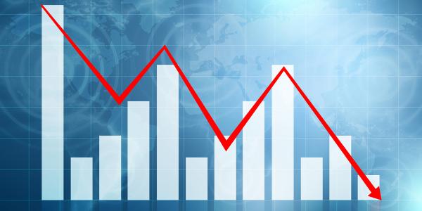 Bar chart with a red line and arrow pointing downwards. Bar chart with a red line and arrow pointing downwards.