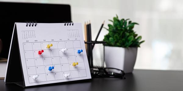 a desk calendar with coloured pins in certain dates. a desk calendar with coloured pins in certain dates.