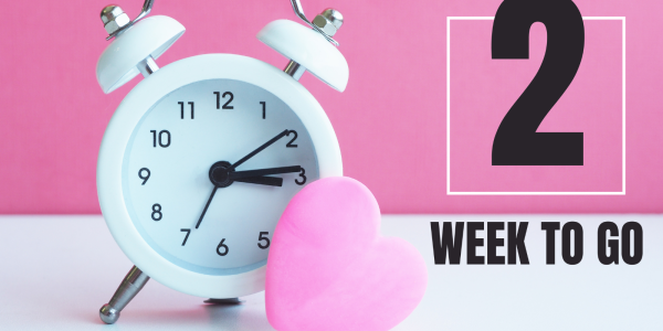 a clock and a love heart against a white and pink background with the words '2 WEEK TO GO' in black text. a clock and a love heart against a white and pink background with the words '2 WEEK TO GO' in black text.